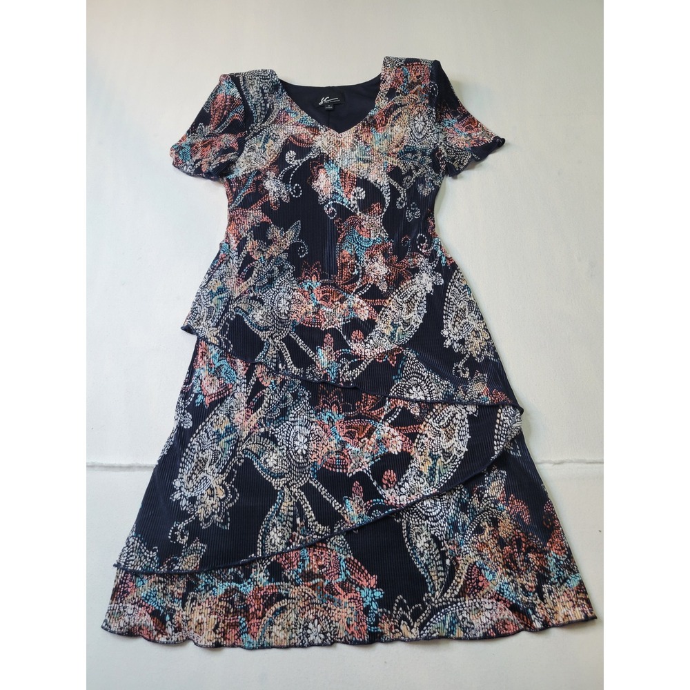 Studio Connection Navy Paisley Plisse Tiered Ruffle Midi Dress Size 6 V-Neck